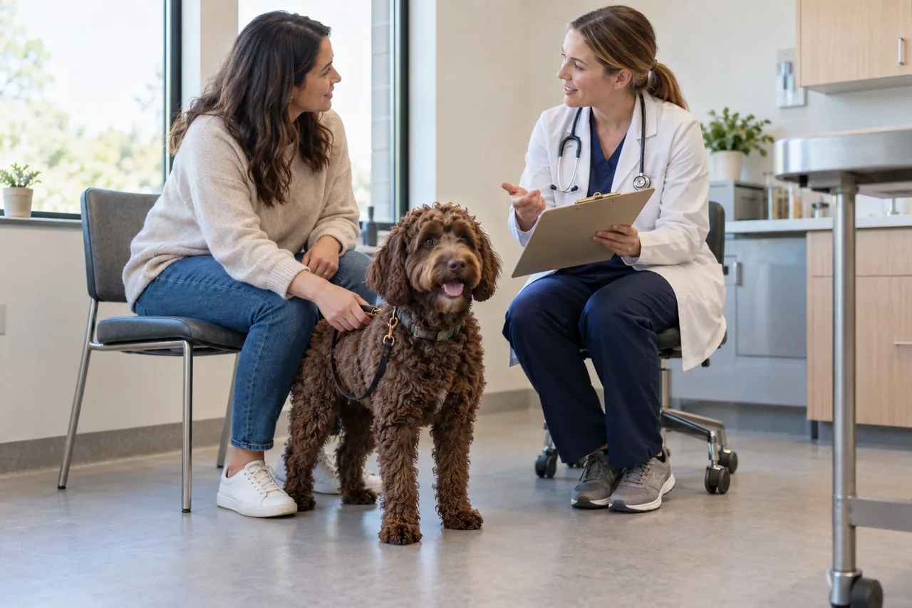Owner and veterinarian discussing care beside a brown curly-coated dog